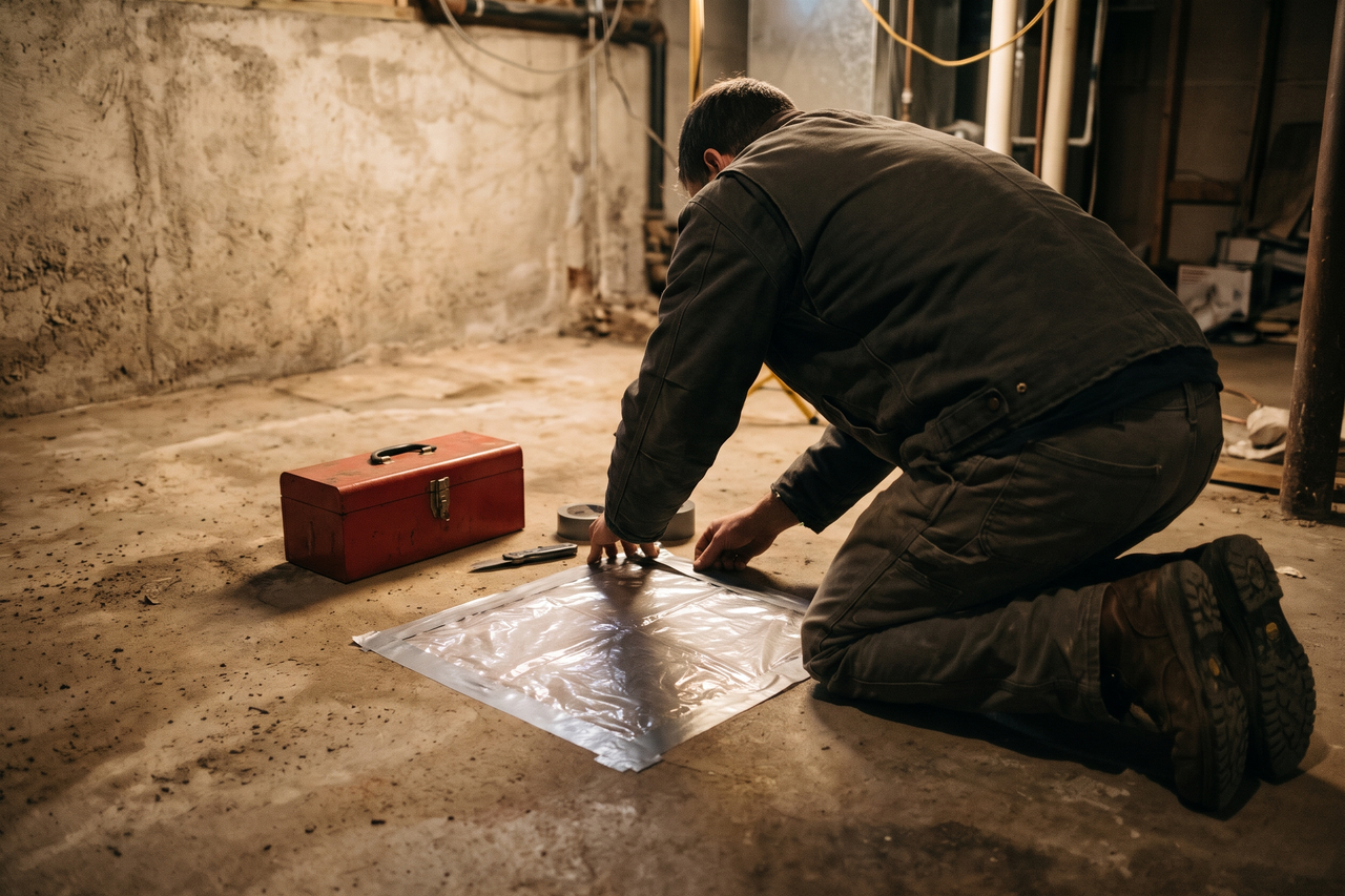 Person kneeling with back to the camera, taping a clear plastic moisture test sheet to a bare basement slab beside a small toolbox