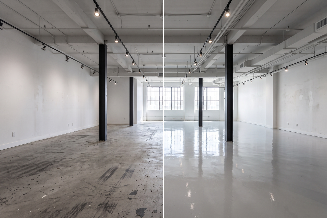 Illustrative before-and-after example of an open commercial space with dull, scuffed concrete on one side and a glossy light gray coated floor on the other