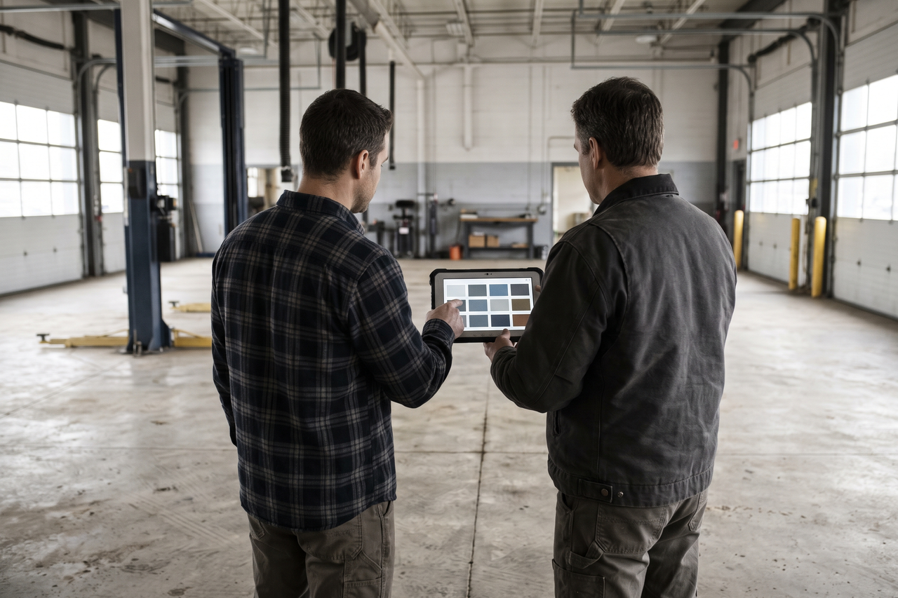 Two people seen from behind reviewing floor color options on a tablet inside an empty auto service bay