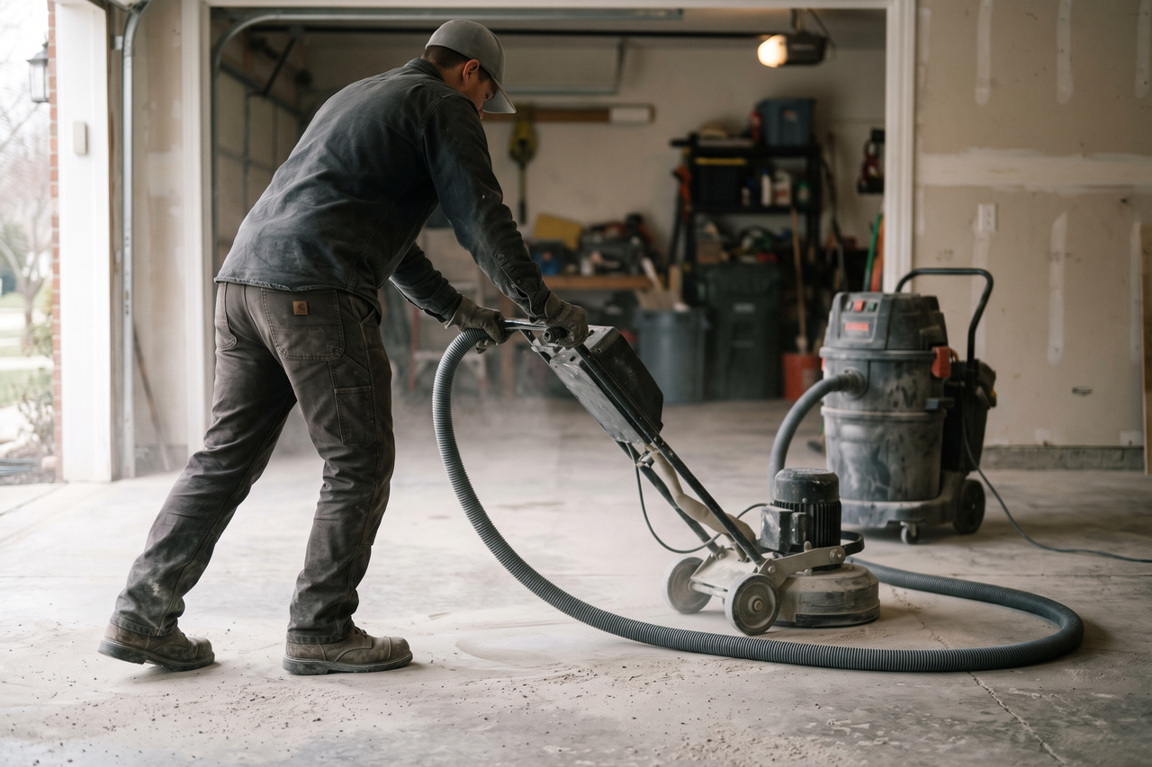 Worker in boots and gloves, seen from the side, pushing a walk-behind diamond grinder across a bare garage slab while a vacuum collects the dust