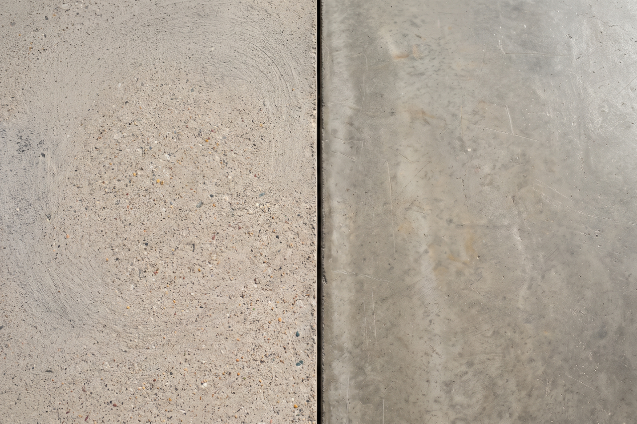 Close view of freshly ground concrete with an even, open texture beside an untouched smooth section of the same slab