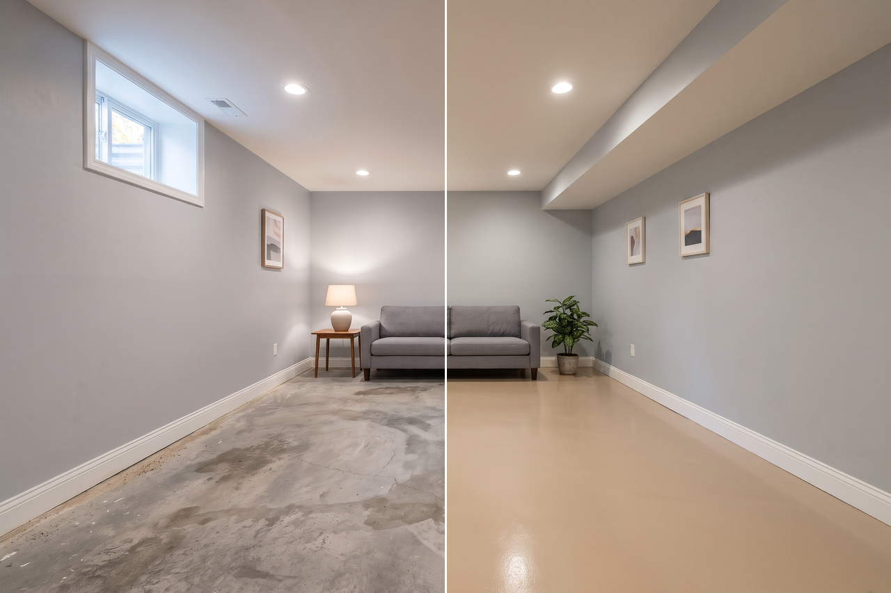 Illustrative before-and-after example of a basement family area with stained bare concrete on one side and a smooth warm beige coated floor on the other