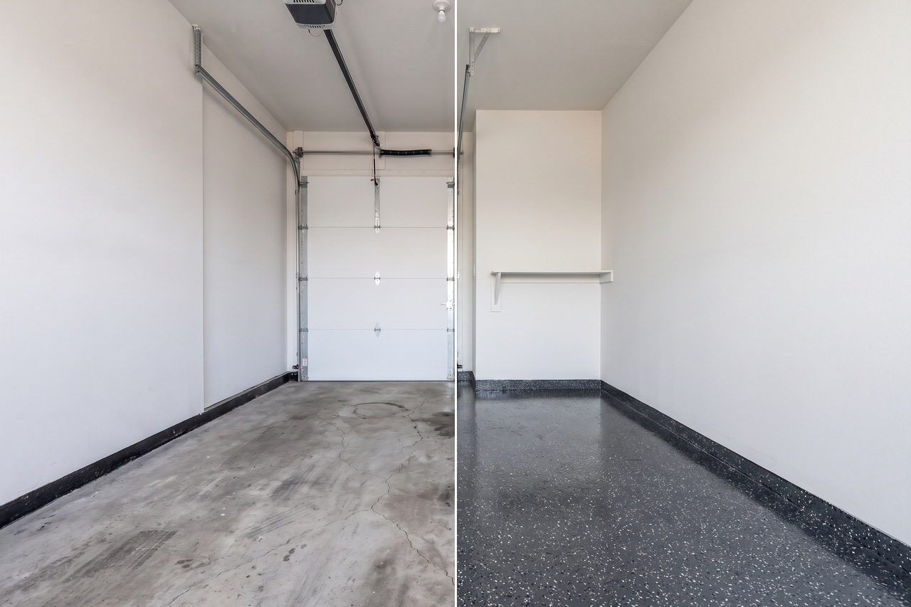 Illustrative before-and-after example of a single-car garage floor with cracked, tire-marked concrete on one side and a glossy charcoal flake coating on the other