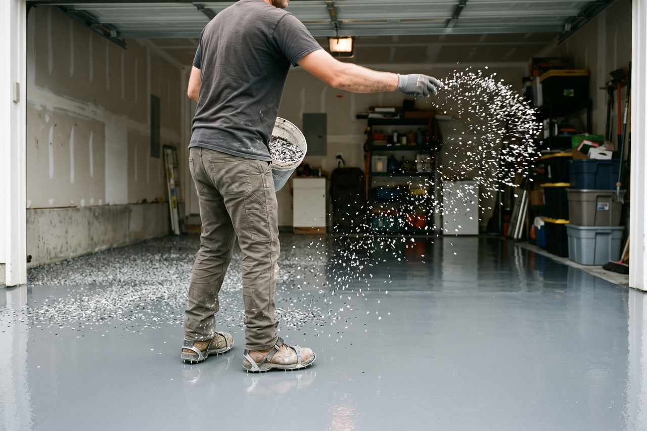 Installer seen from the side broadcasting colored flakes by hand onto a freshly applied base coat in a residential garage