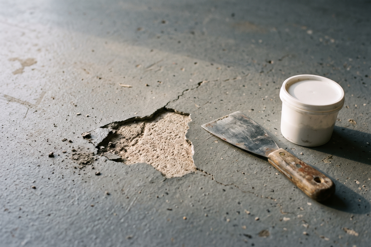 Worn garage floor coating with a deep chip and crack exposing concrete, next to a putty knife and a small tub of patching compound