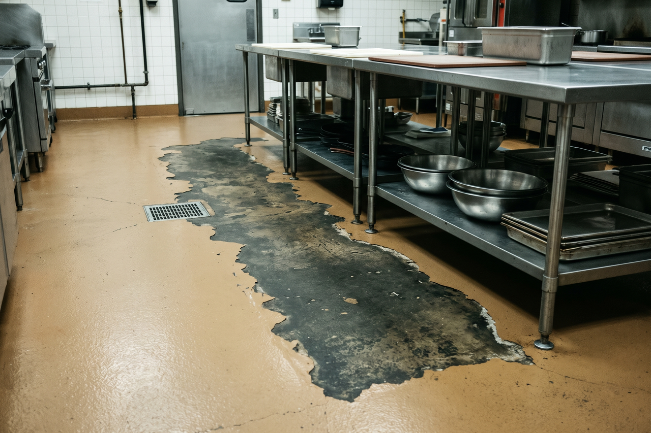 Restaurant back-of-house floor where a thin coating has worn away in front of stainless prep tables, leaving dark bare concrete with ragged edges
