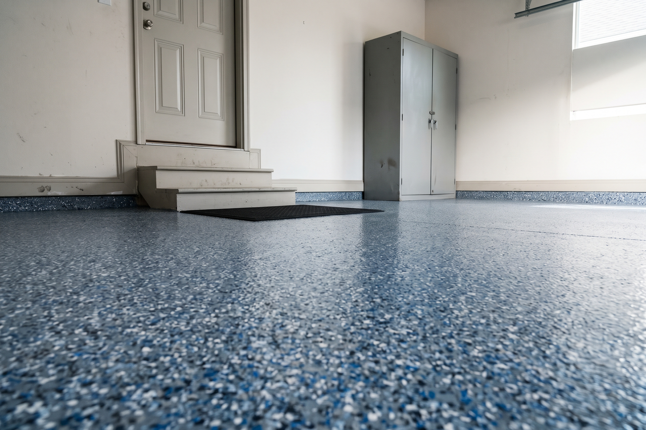 Low-angle view across a glossy blue-gray flake garage floor with a rubber mat by the house door and a tall metal storage locker in the corner
