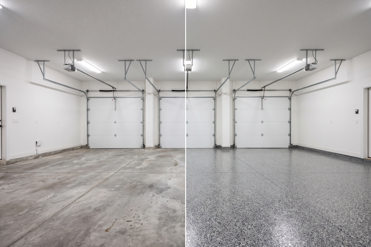 Illustrative before-and-after example of a three-car garage with dull, patchy concrete on one side and a glossy gray and black flake floor on the other