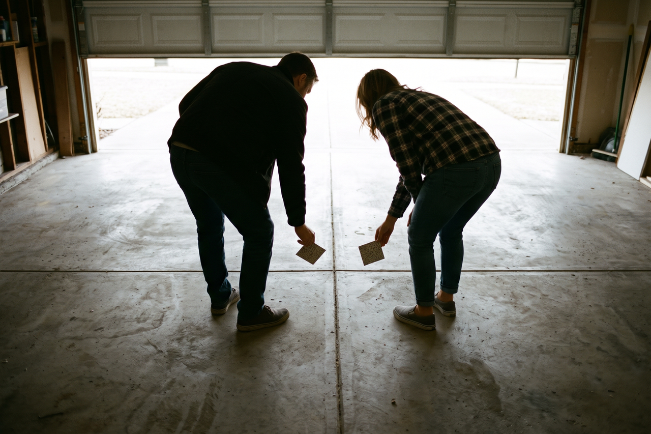 Two people seen from behind holding small flake chip sample cards over a bare garage floor near the open overhead door