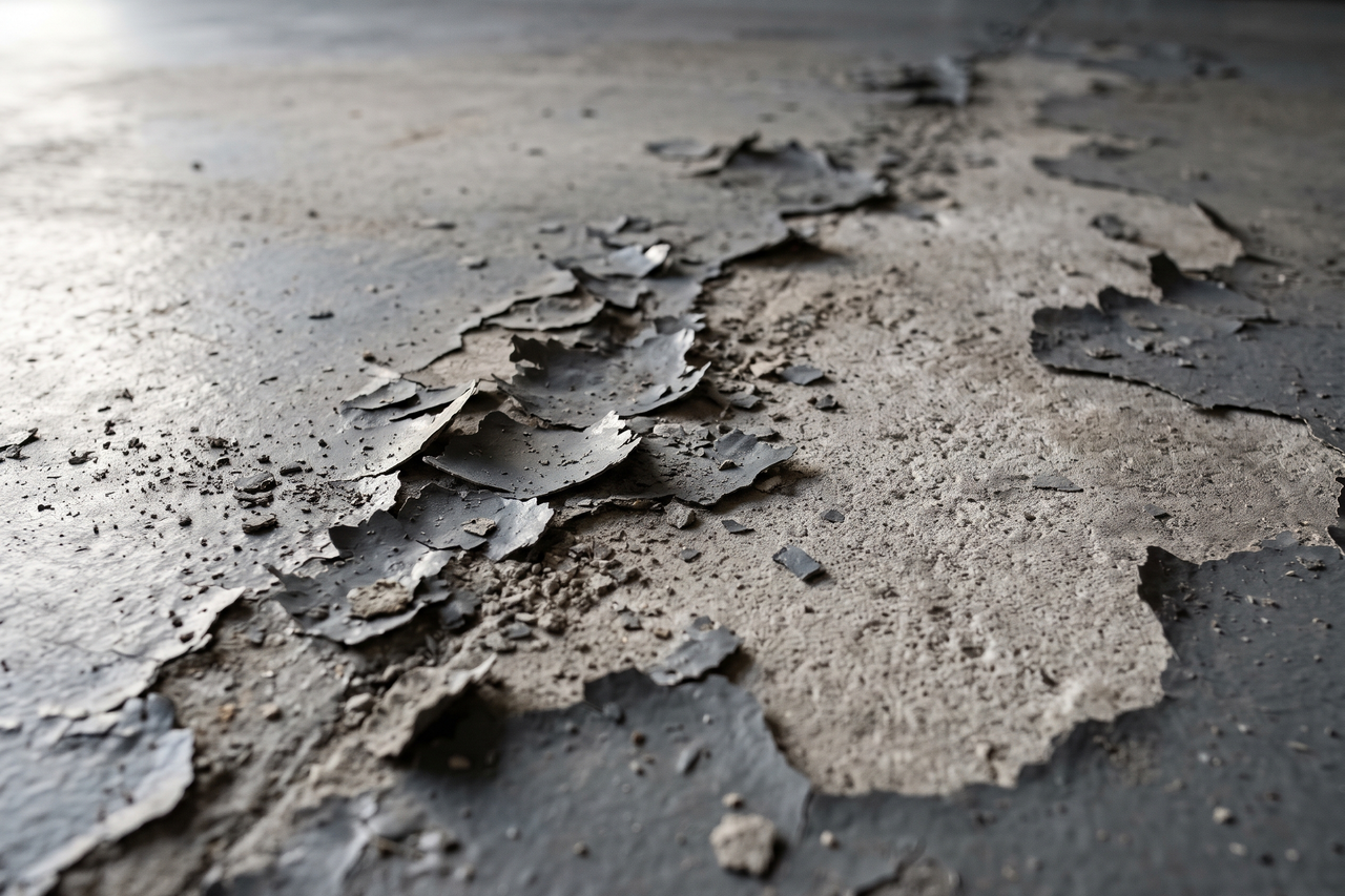 Garage floor coating lifting along a tire path, with loose flakes of failed coating and bare gray concrete showing through