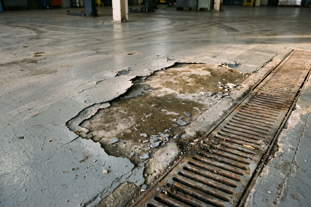 Shop floor where an epoxy coating has delaminated in a large patch near a trench drain, curling at the edges over damp concrete