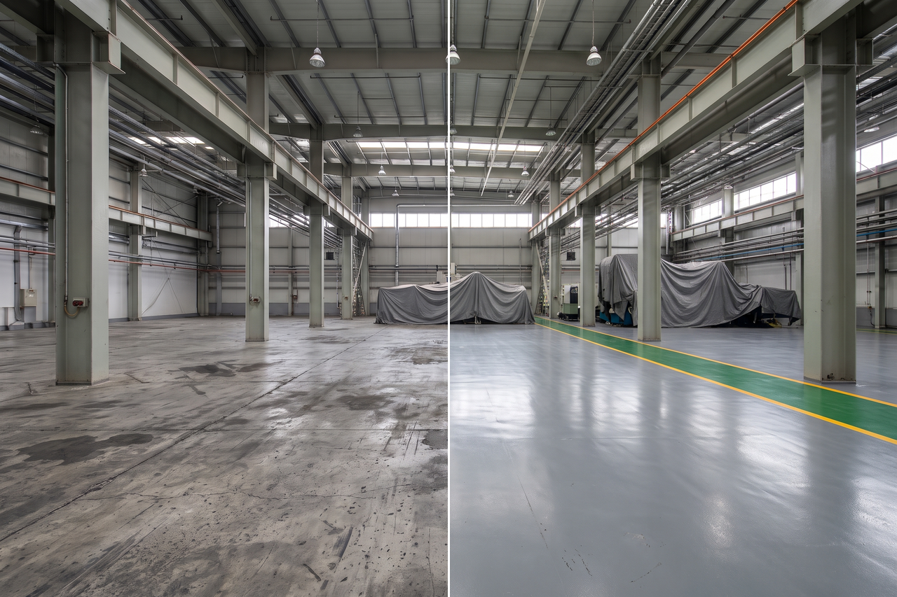 Illustrative before-and-after example of a production area with stained, uneven concrete on one side and a seamless gray coated floor with marked walkways on the other