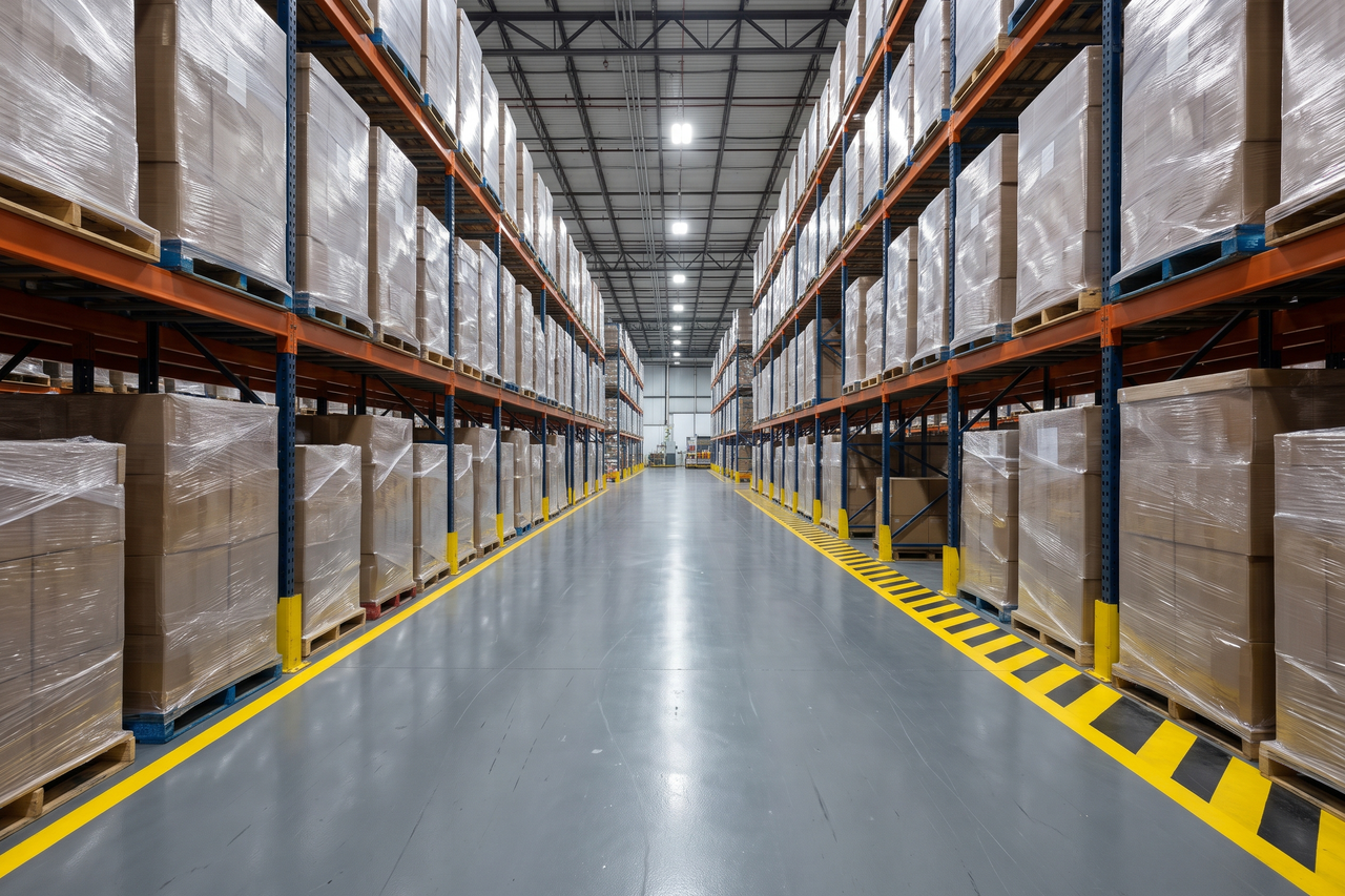 Medium gray coated warehouse aisle with bright yellow lane striping and yellow-and-black hatched zones beside pallet racks
