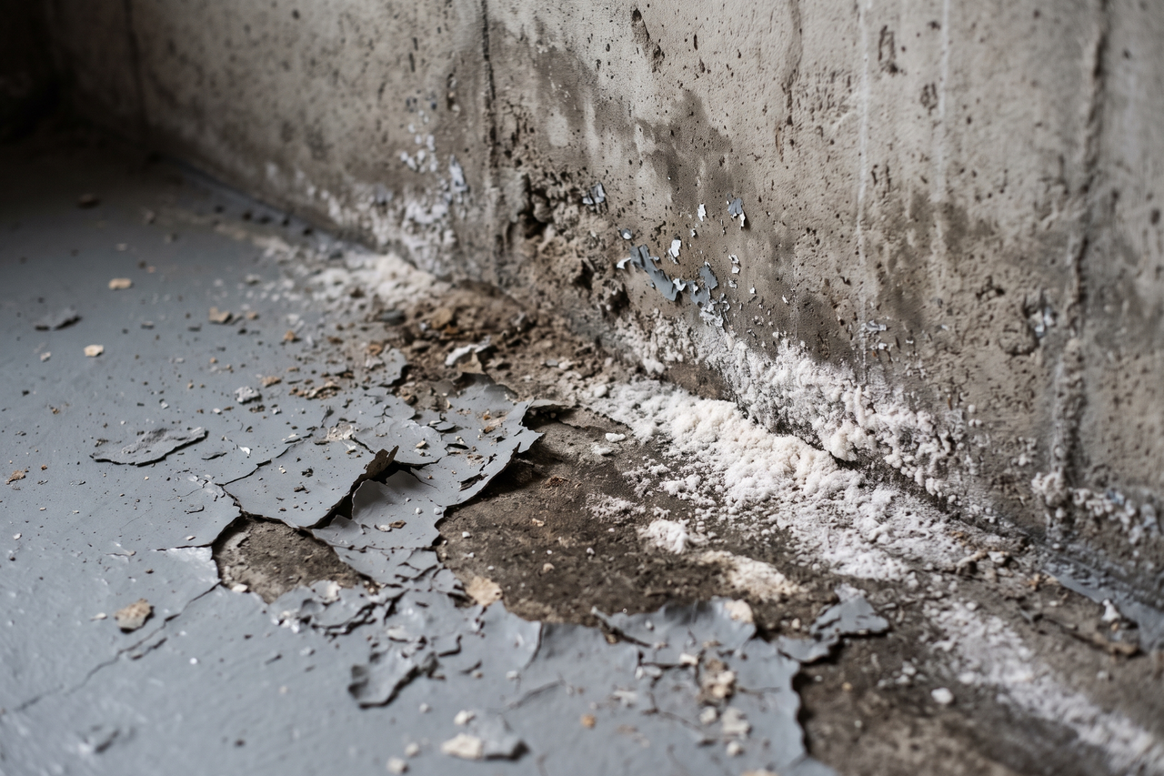Basement floor paint flaking away along the base of a foundation wall, with white powdery residue on the exposed concrete