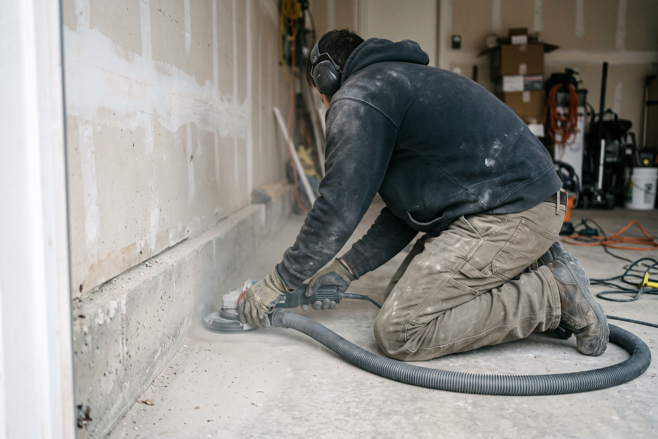 Worker seen from behind running a small edge grinder along the base of a garage wall, with a shop vacuum hose attached