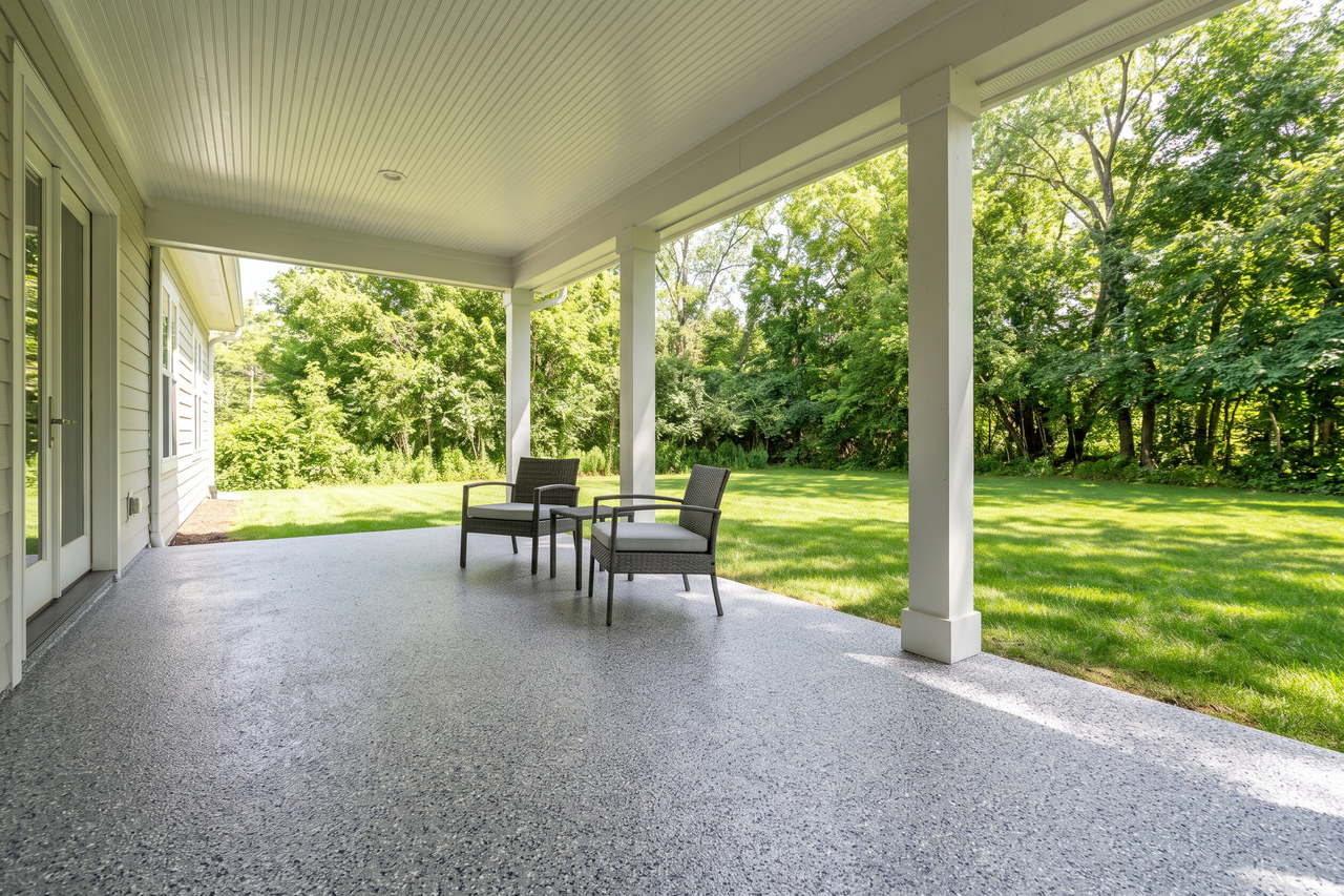 Covered back patio with a speckled gray flake coating, two outdoor chairs and a green lawn beyond the porch posts