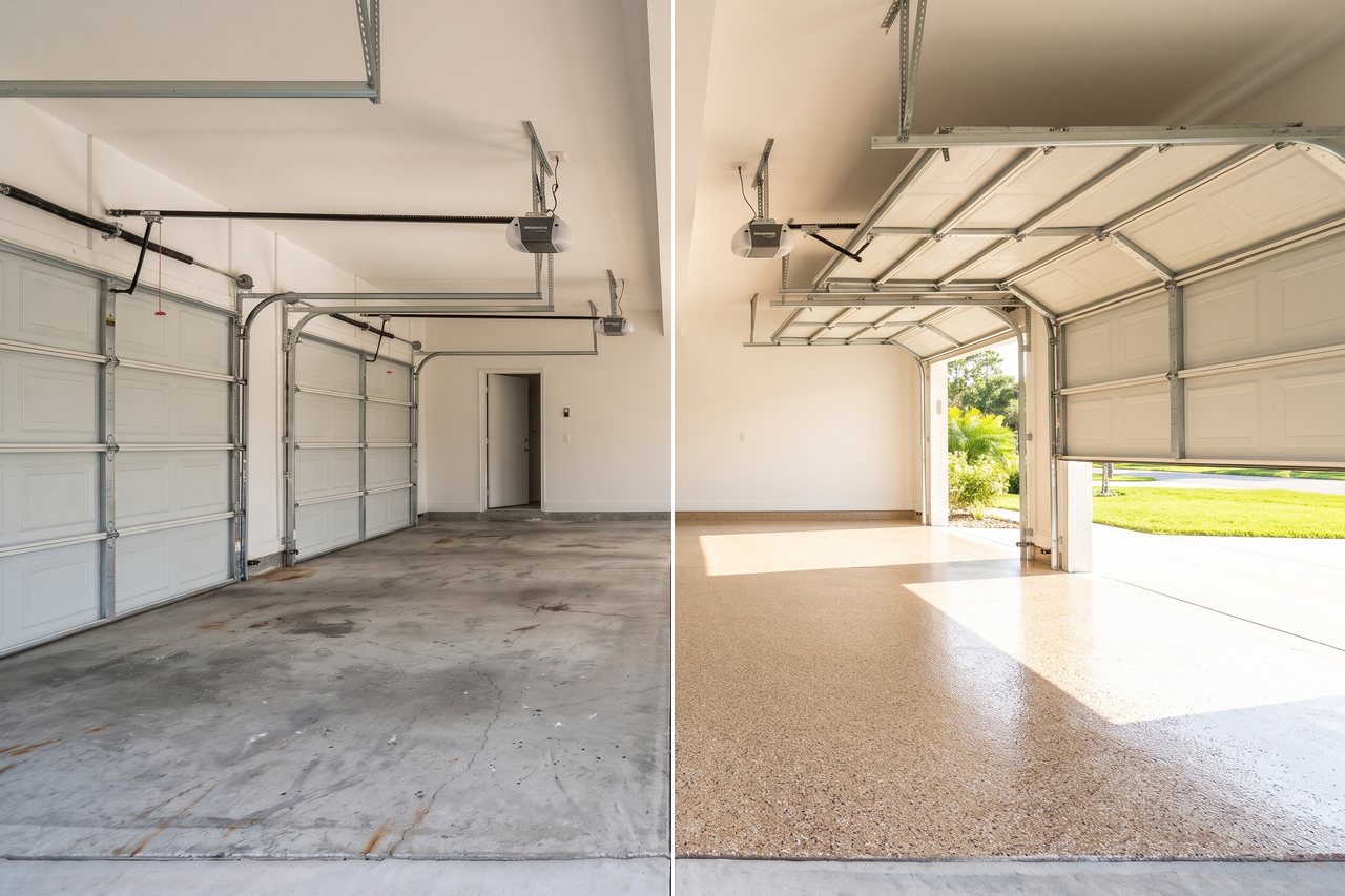 Illustrative before-and-after example of a sunlit garage floor with faded, stained concrete on one side and a glossy tan and brown flake coating on the other