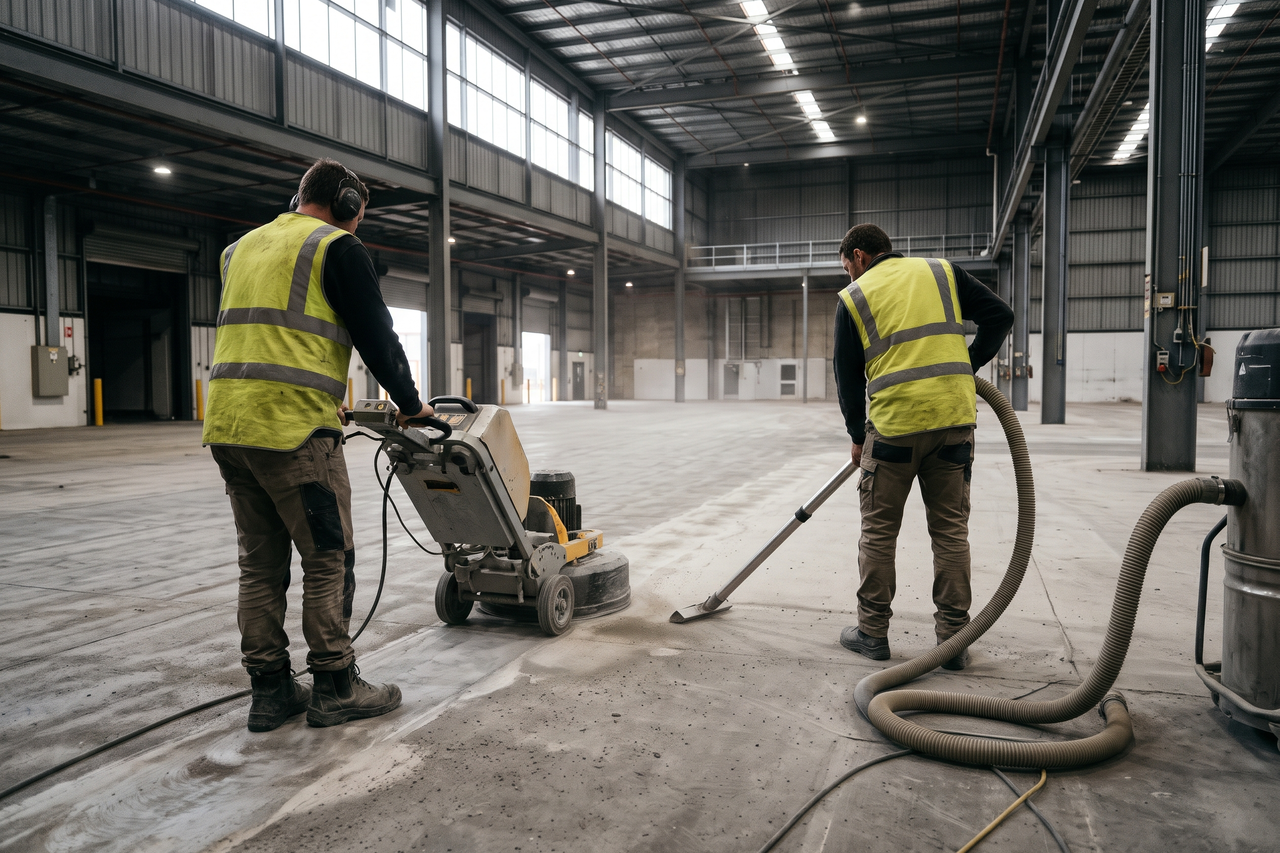 Two workers seen from behind, one guiding a large floor grinder and one vacuuming dust, in an empty warehouse bay
