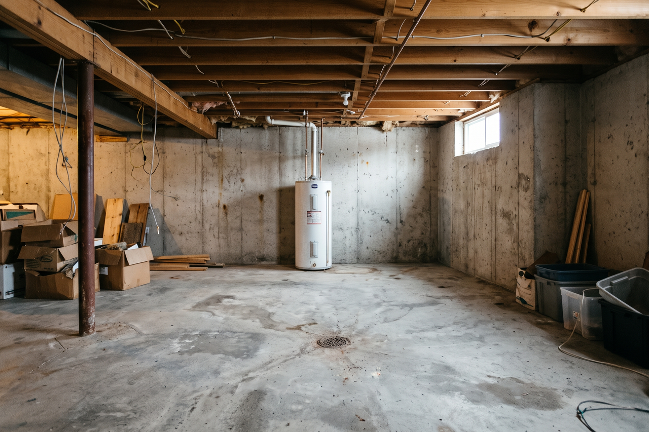 Unfinished basement with a bare concrete slab, a floor drain near the center, exposed ceiling joists and a water heater against the poured foundation wall