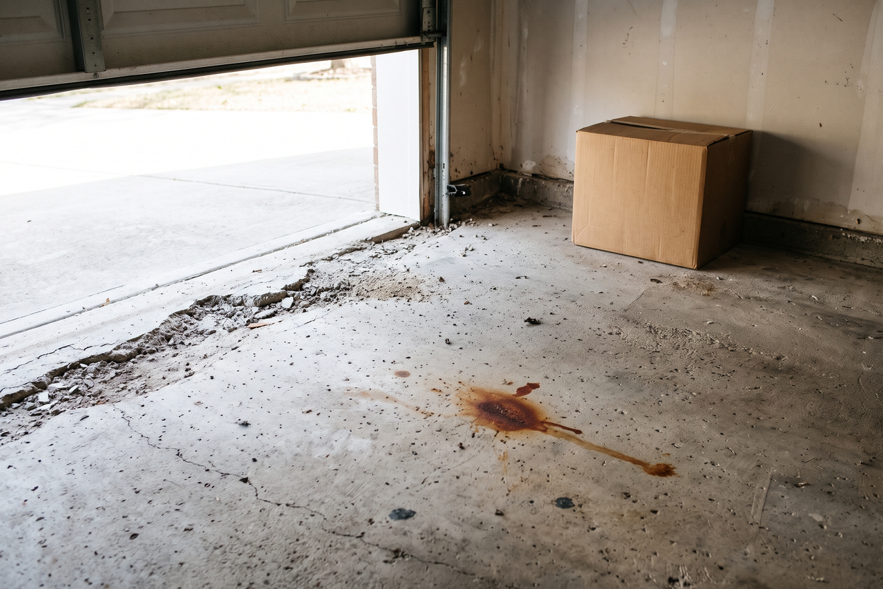 Worn garage slab with a rust-colored drip stain, chipped concrete at the door threshold and a plain cardboard box pushed against the wall