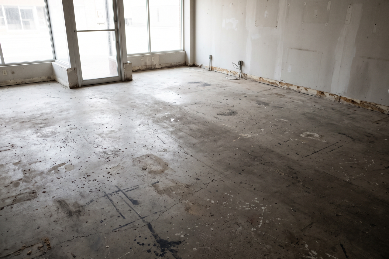 Empty storefront concrete floor with paint splatter, scuff marks and a worn path leading in from the glass entry door