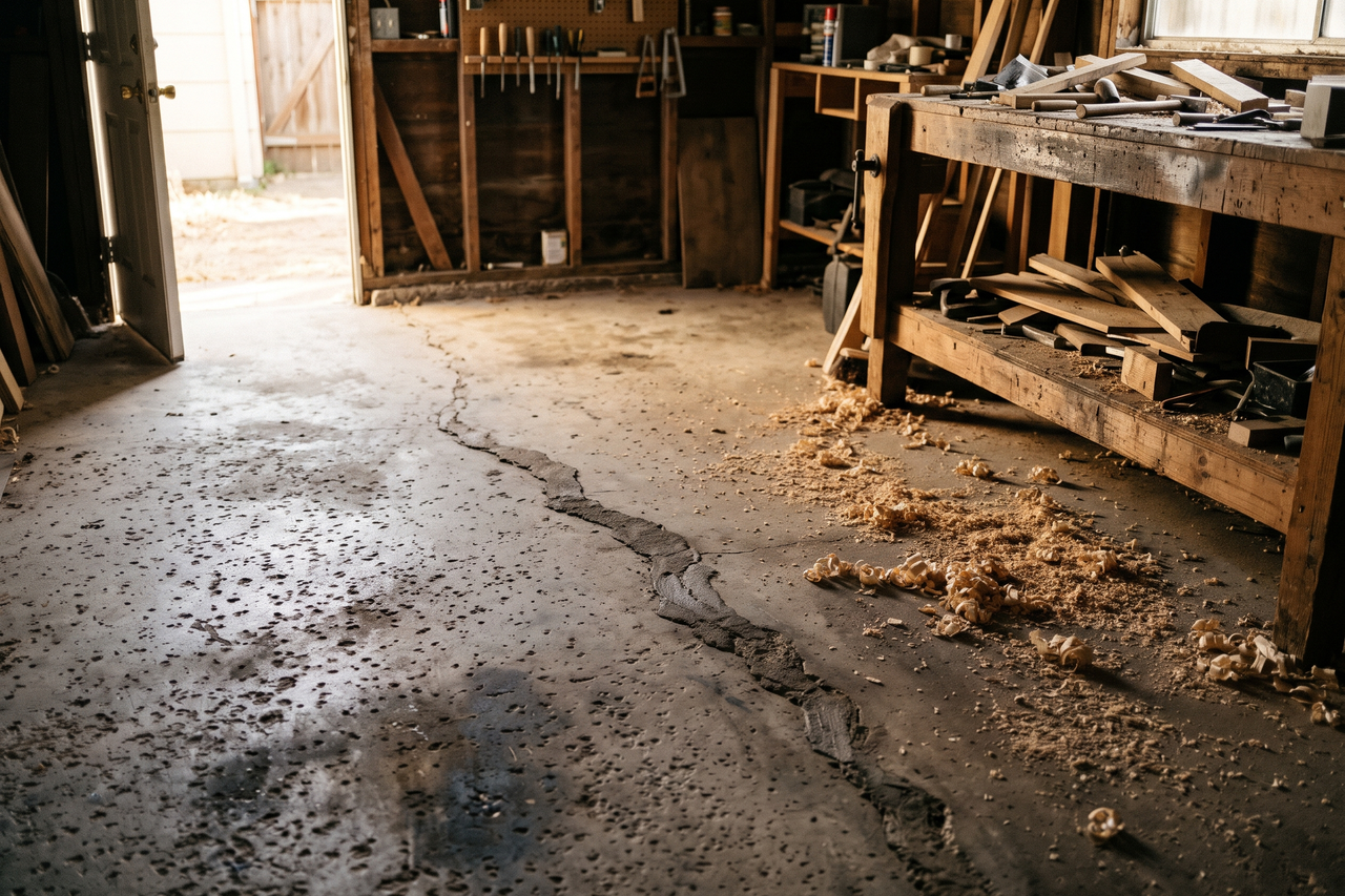 Weathered concrete floor in a detached workshop with pitting, a patched crack and scattered sawdust near a wooden workbench