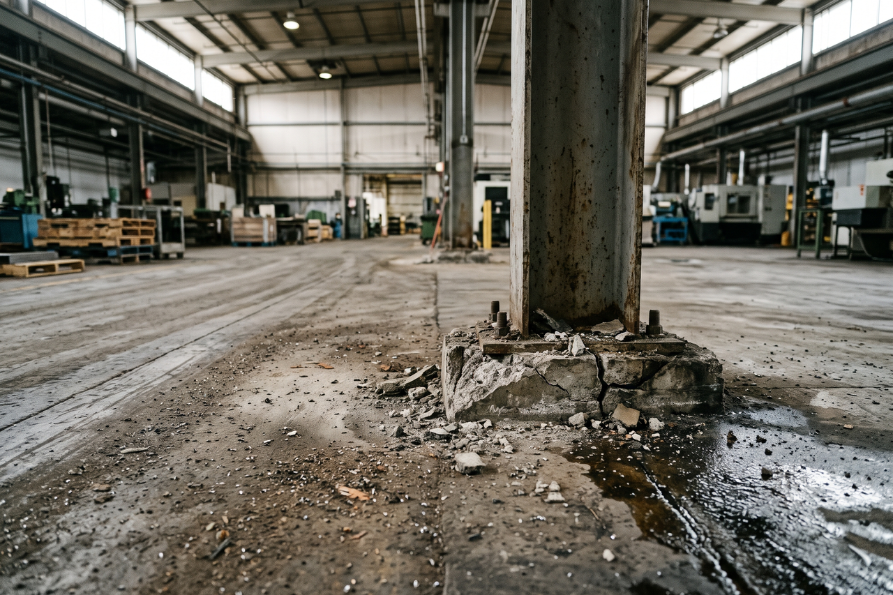 Manufacturing floor with spalled concrete around a steel column base, dark fluid stains and grit along a pallet jack path